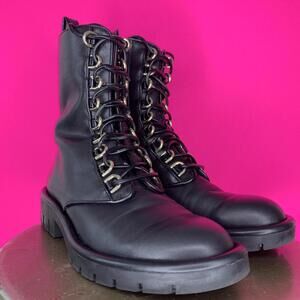 Zara Black Leather Gold Lace Loop High Ankle Chunky Sole Combat Boot EU 38